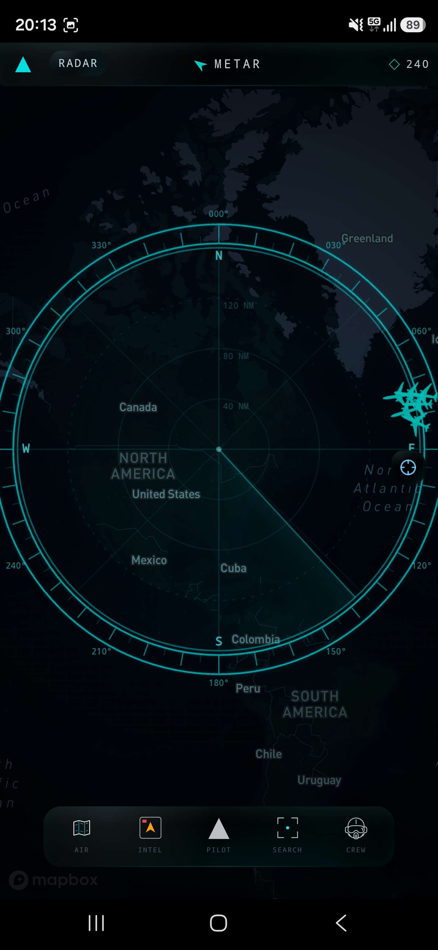 NiteOcean radar view showing a global map and aviation HUD controls
