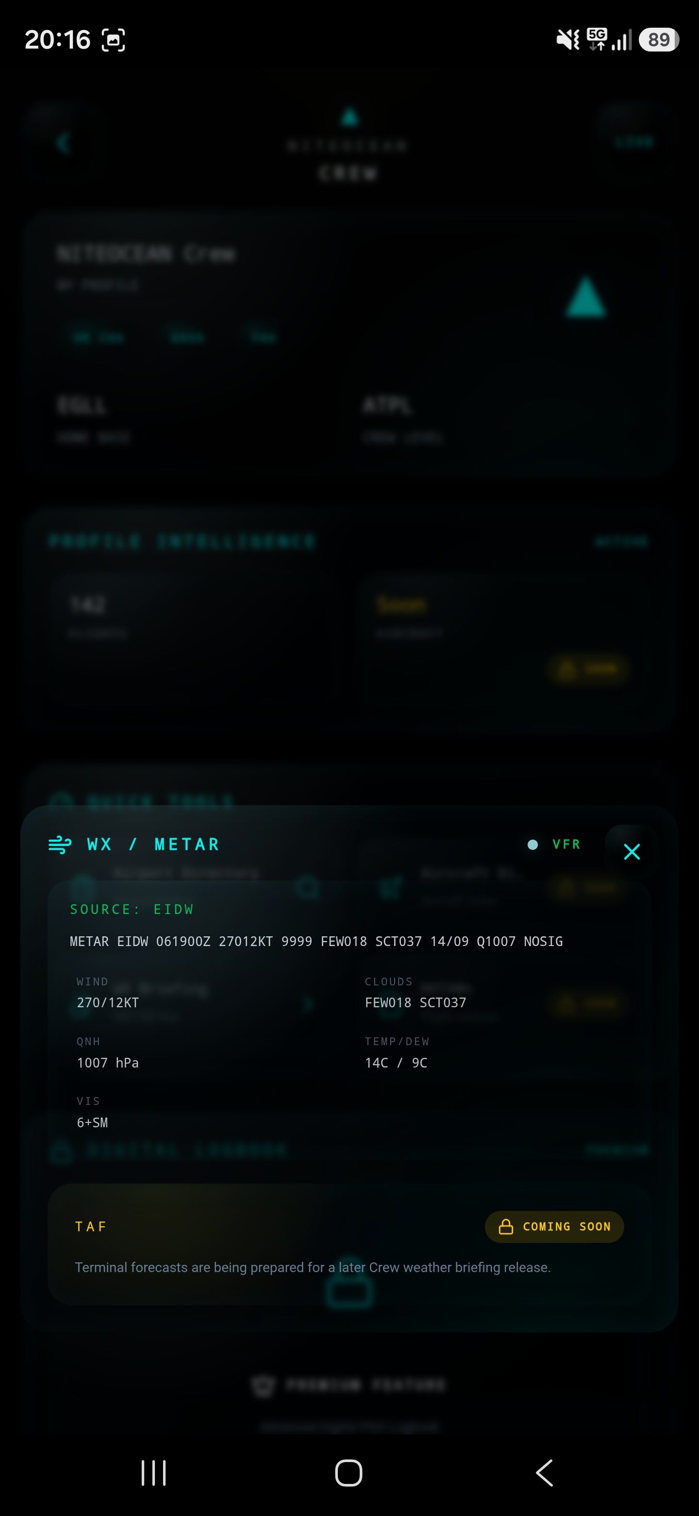 NiteOcean weather and METAR panel showing aviation weather conditions